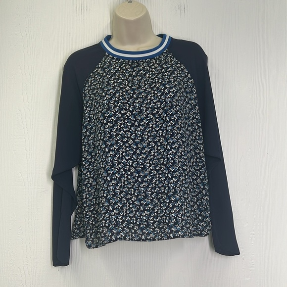 H&M - Navy Floral Stripe Crewneck Flowy Long Sleeve Lightweight Blouse Size 6 - Picture 2 of 10